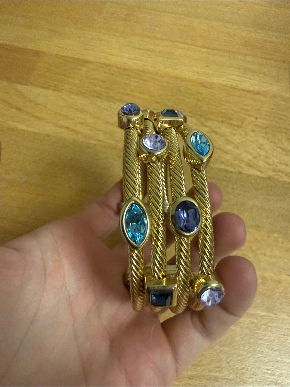 Gold tone braided wide multistrand rigid cuff open bracelet pastel rhinestone - Picture 2 of 3